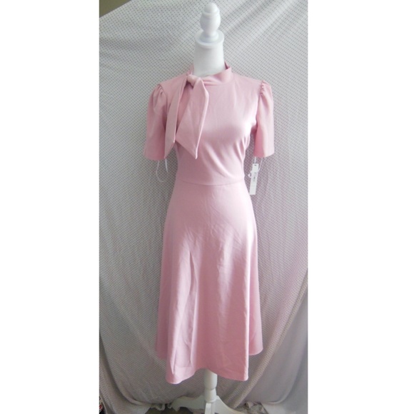 NEW MAGGY LONDON Shell PINK Short Sleeve NECKTIE Fit & Flare MIDI DRESS 2 (fit 4 - Picture 2 of 8